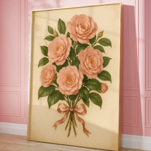 Poster Arte de Parede de Buquê de Rosa Rosa Vintage   Art