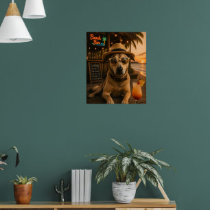 Poster Arte de Parede de Cachorro na Praia Engraçada para