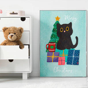 Poster Arte de Parede de Café de Gato Fofo de Natal Azul 