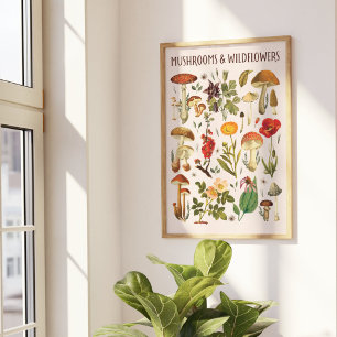 Poster Arte de Parede de Carta de Cogumelos e Flores Silv