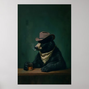 Poster Arte de Parede de Caubói Urso Fumante, Bar Vintage