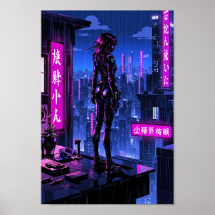 Poster Arte de Parede de Cidade Neon Cyberpunk Anime