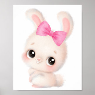 Poster Arte de Parede de Coelhinho Adorável com Laço Rosa