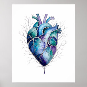 Poster Arte de Parede de Coração Anatômico Azul e Roxo