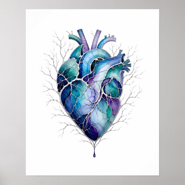 Poster Arte de Parede de Coração Anatômico Azul e Roxo (Frente)