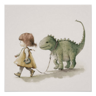 Pôster Arte de parede de dinossauro andando menina adoráv