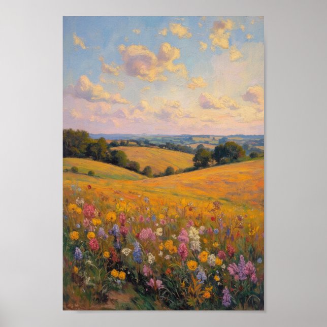 Poster Arte de Parede de Fazenda de Campo de Flores Silve (Frente)