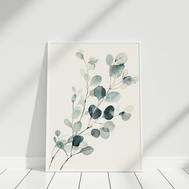 Poster Arte de Parede de Galho de Eucalipto em Aquarela V (Vintage Watercolor Eucalyptus Branch Wall Art on a white floor.)