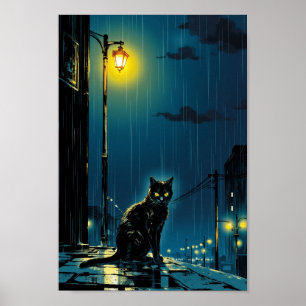 Poster Arte de Parede de Gato Anime Noite Chuvosa