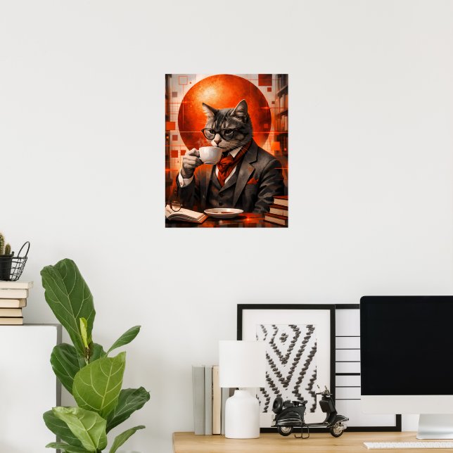 Poster Arte de Parede de Gato Sofisticado Bebendo Café (Escritório em casa)