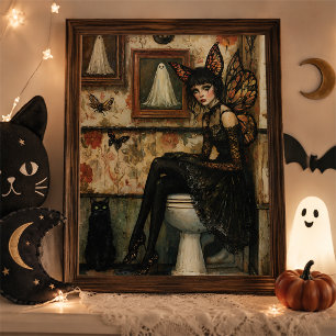 Poster Arte de Parede de Halloween Gato Preto Fada Gótica