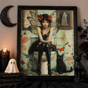 Poster Arte de Parede de Halloween Gato Preto Fada Gótica
