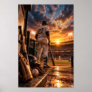 Poster Arte de Parede de Jogador de Beisebol ao Pôr do So