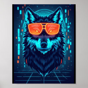 Poster Arte de Parede de Jogo de Lobo Alfa Neon Cyberpunk