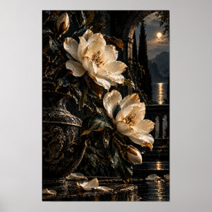 Poster Arte de Parede de Magnólias Creme em Flor no Jardi