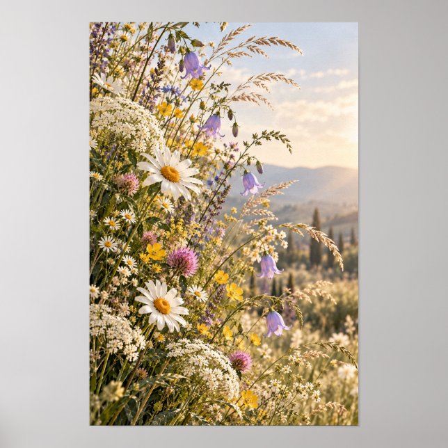 Poster Arte de Parede de Montanha de Prado de Flores Silv (Frente)