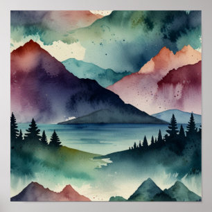 Poster Arte de Parede de Montanha Minimalista em Aquarela