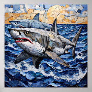 Poster Arte de Parede de Mosaico de Tubarão Duplo Oceano