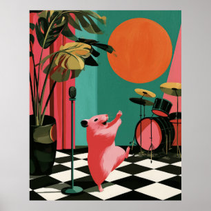 Poster Arte de Parede de Música Retro de Hamster Cantando