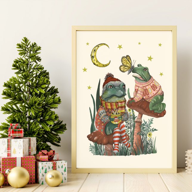 Poster Arte de Parede de Natal de Sapo e Sapo no Cogumelo (Best Friend Frogs Whimsical Christmas Wall Art)