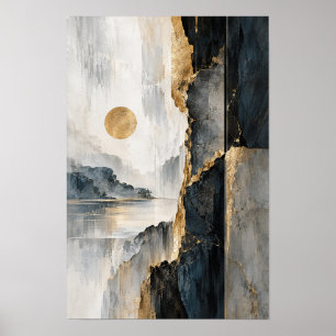 Poster Arte de Parede de Paisagem Abstrata com Sol Dourad