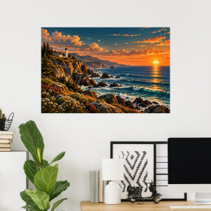 Poster Arte de parede de paisagem de farol costeiro vinta