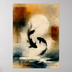 Poster Arte de Parede de Peixe Abstrato Japonês Moon Koi 