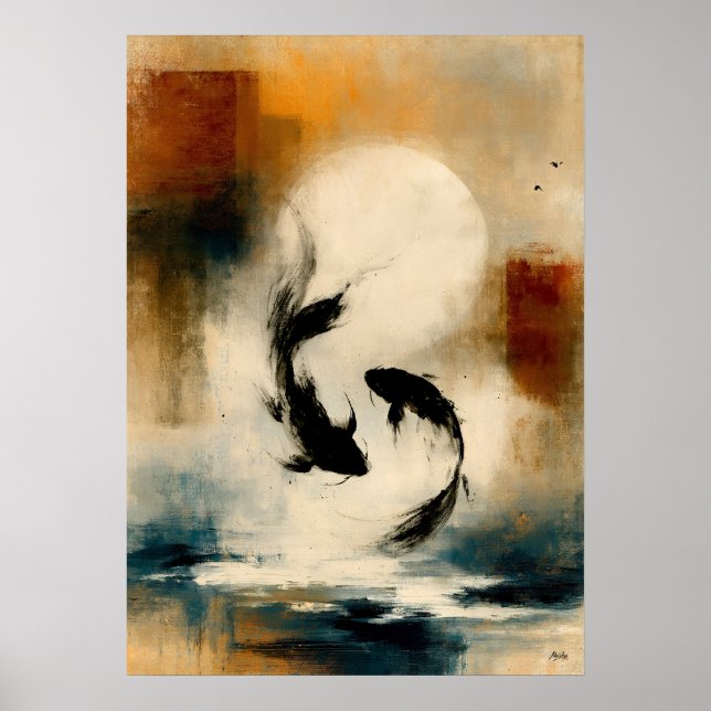Poster Arte de Parede de Peixe Abstrato Japonês Moon Koi  (Frente)