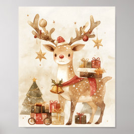 Poster Arte de Parede de Rena Fofa com Presentes de Natal