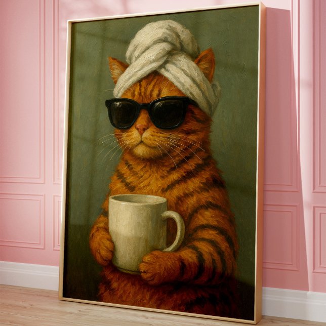 Poster Arte de Parede de Spa de Gato Engraçado, Presente  (Cat Coffee Art)