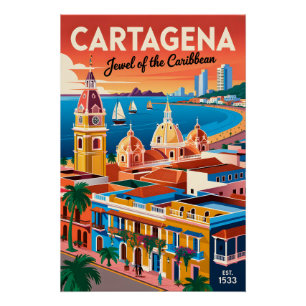 Pôster Arte de Parede de Viagem Retro Cartagena Colômbia
