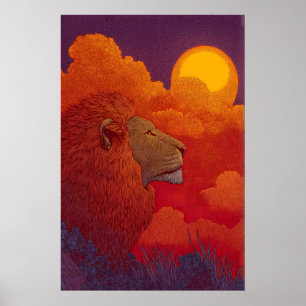 Poster Arte de Parede do Leão Pôr do Sol Chama Mane, Sol