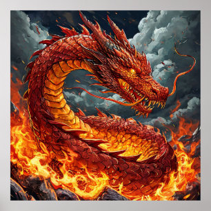Poster Arte de Parede Dragão em Chamas   Criatura Fantást
