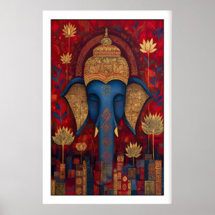 Poster Arte de Parede Elefante Budista Místico, Flores de