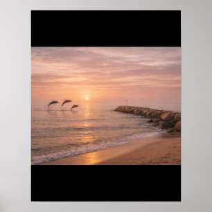 Poster Arte de Parede em Tela Golden Sunset Dolphins Beac