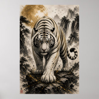 Poster Arte de Parede em Tinta Lavada de Tigre Branco Asi