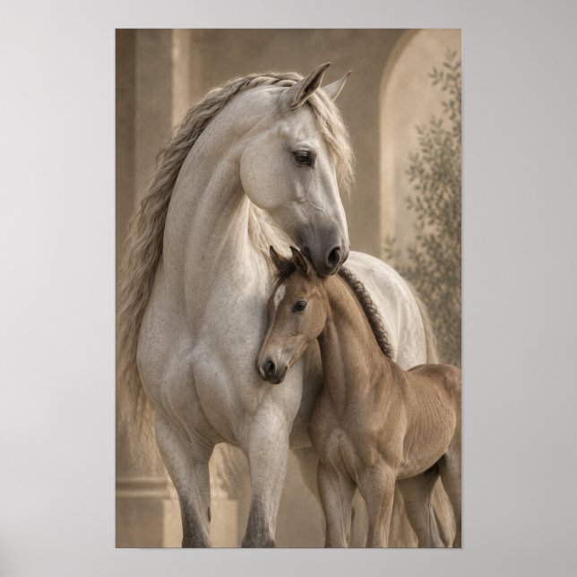 Poster Arte de Parede Equestre Égua Branca e Potro (Frente)