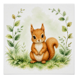Pôster Arte de Parede Esquilo Vermelho da Floresta Poster