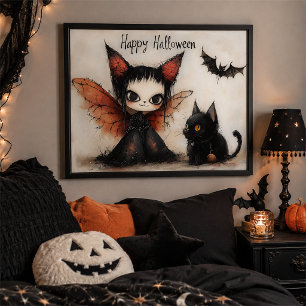 Poster Arte de Parede Fada Whimsigoth de Halloween e Gato