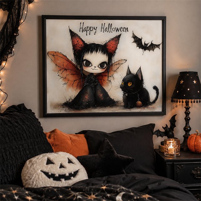 Poster Arte de Parede Fada Whimsigoth de Halloween e Gato (Criador carregado)
