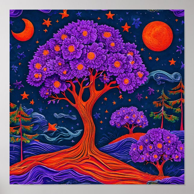 Poster Arte de Parede Fantasia Sonho Árvore Roxa Mística (Frente)