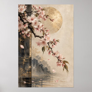 Poster Arte de Parede Flor de Cerejeira Corada Lua Dourad