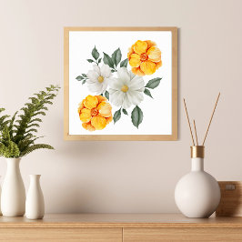 Poster Arte de Parede Floral Amarelo Branco Flores Verde