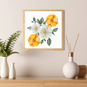 Poster Arte de Parede Floral Amarelo Branco Flores Verde