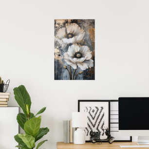 Poster Arte de Parede Floral Branco Elegante com Acentos