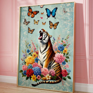 Poster Arte de Parede Floral Caprichosa Tigre & Borboleta
