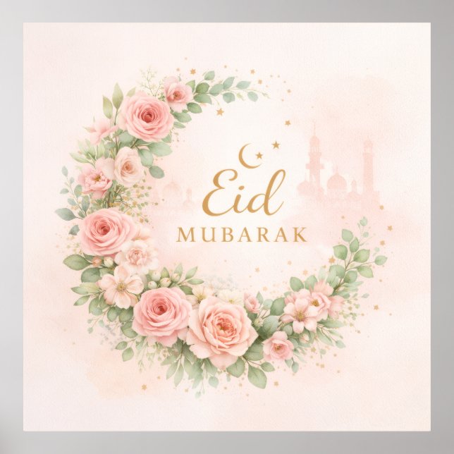 Poster Arte de Parede Floral Crescent Eid Mubarak – Rosa  (Frente)