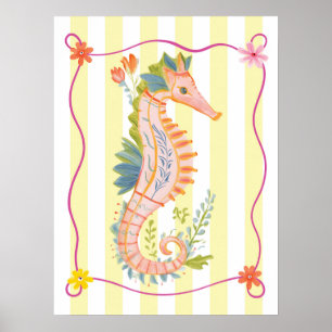 Poster arte de parede floral de cavalo-marinho funky
