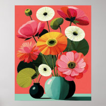 Arte de Parede Floral de Meados do Século Coral