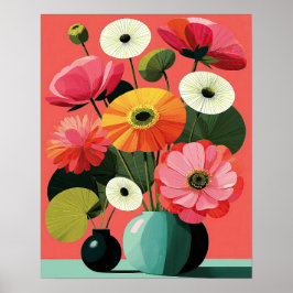 Poster Arte de Parede Floral de Meados do Século Coral